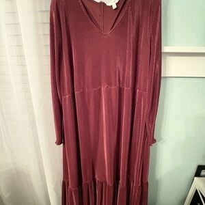 Terra & Sky Plum Burgundy Wine Crinkle Pleat Peasant Boho Tiered Dress Size 2x